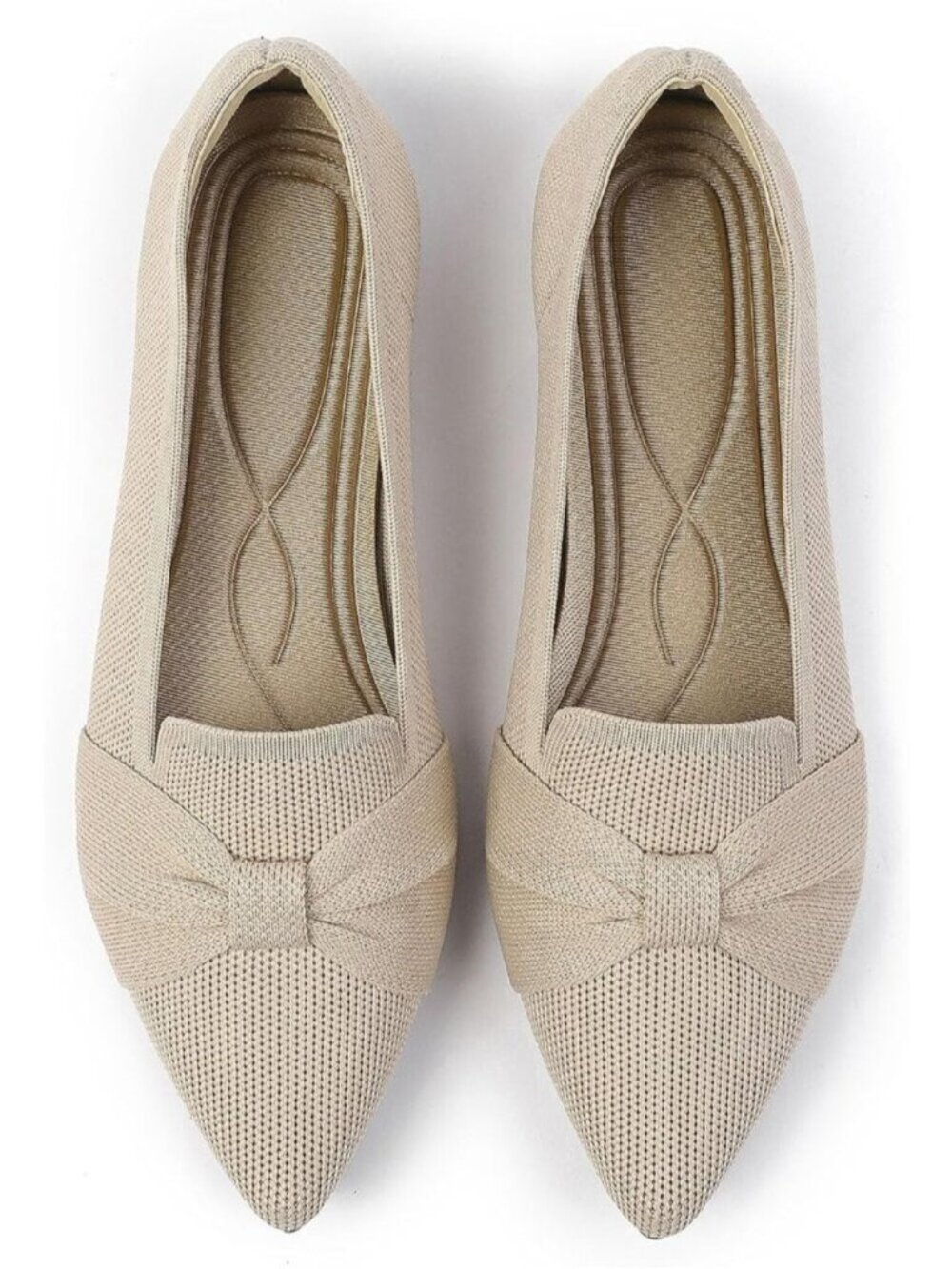 Women's Beige Pointed Toe Ballet Flats Comfortable Knit Dressy Bow Flats Shoes